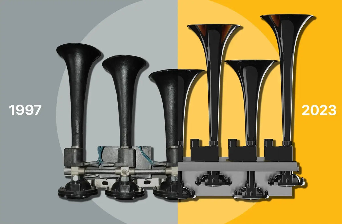 Basuri air horn designs from 1997 and 2023, shown side by side