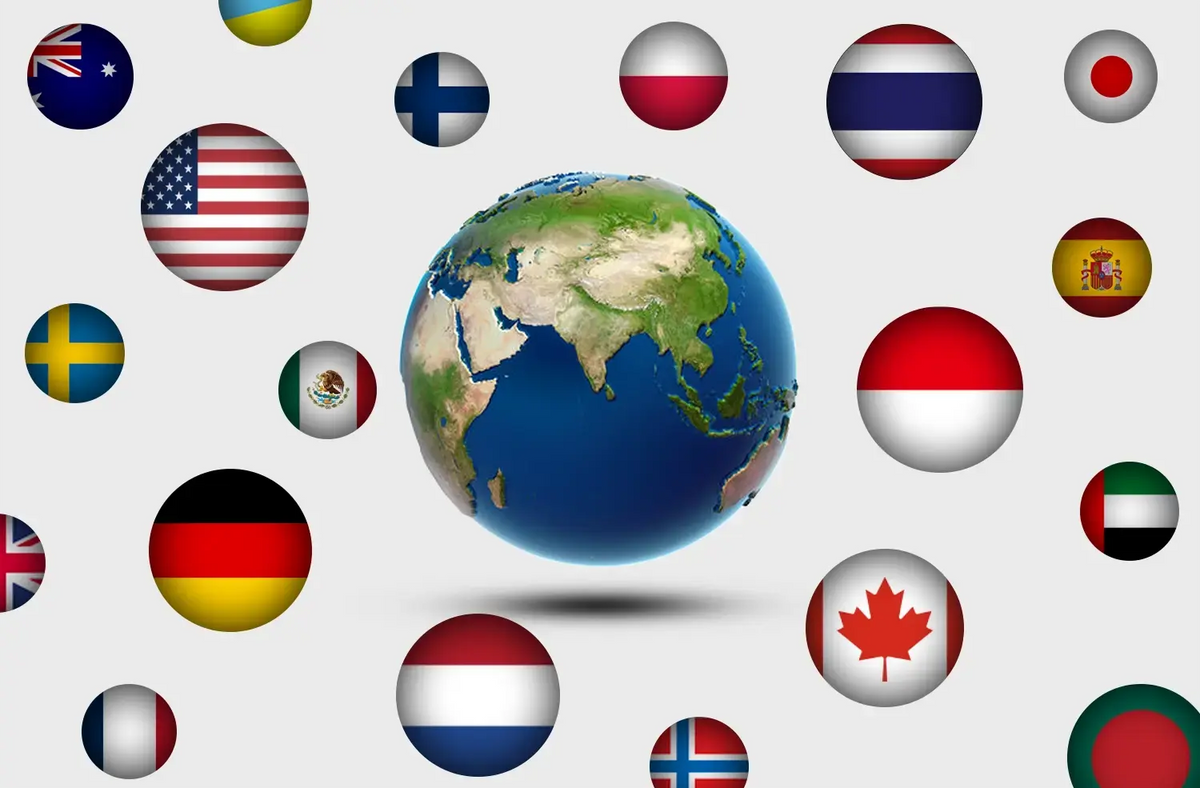 A globe surrounded by national flags, representing Basuri’s international reach