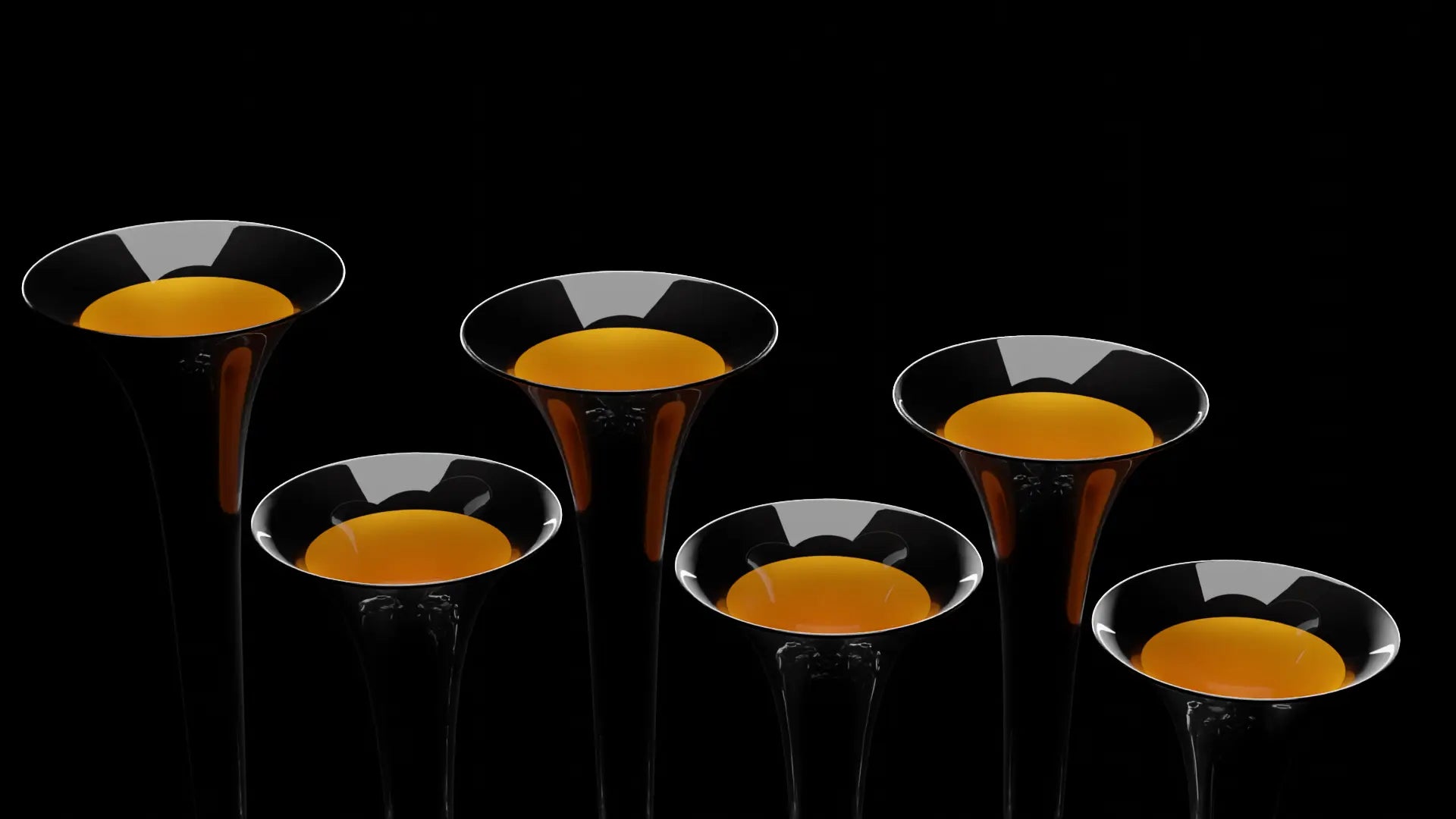 Six black Basuri trumpet horns with amber interiors